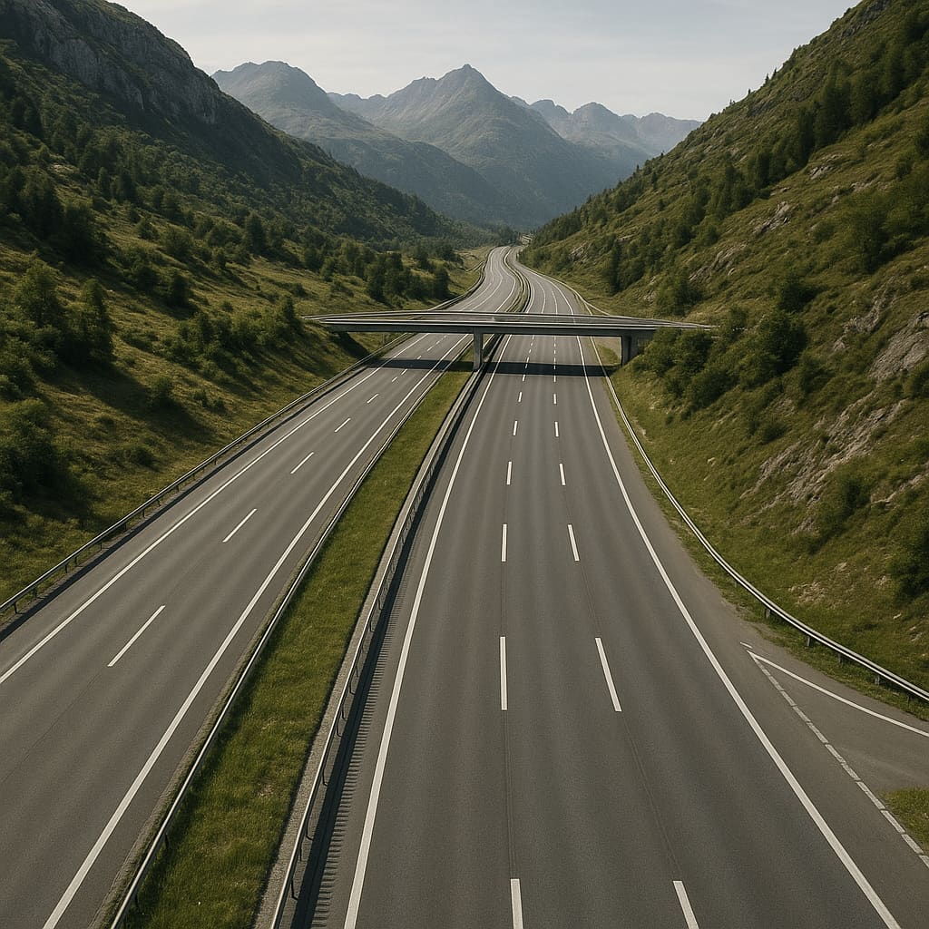 Schweizer Nationalstrasse in alpiner Umgebung aus erhöhter Perspektive
