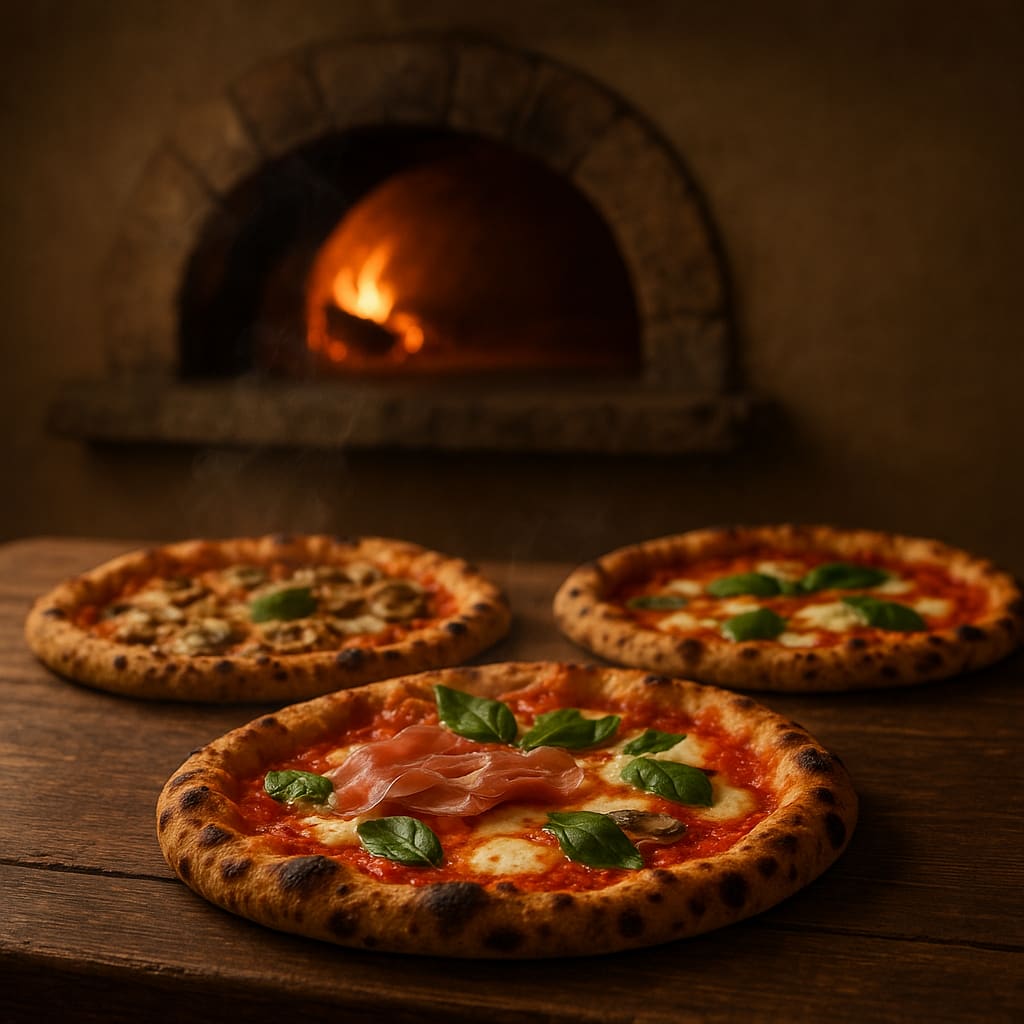 Innenraum der Pizzeria mit Steinofen und frisch gebackenen Pizzen