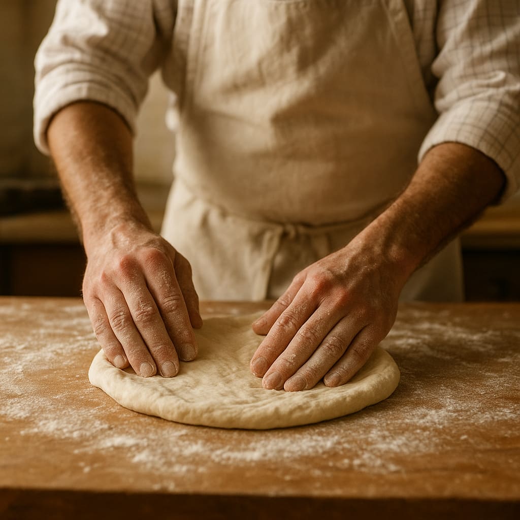 Pizzaiolo bereitet Teig in einer traditionellen Küche von Hand vor