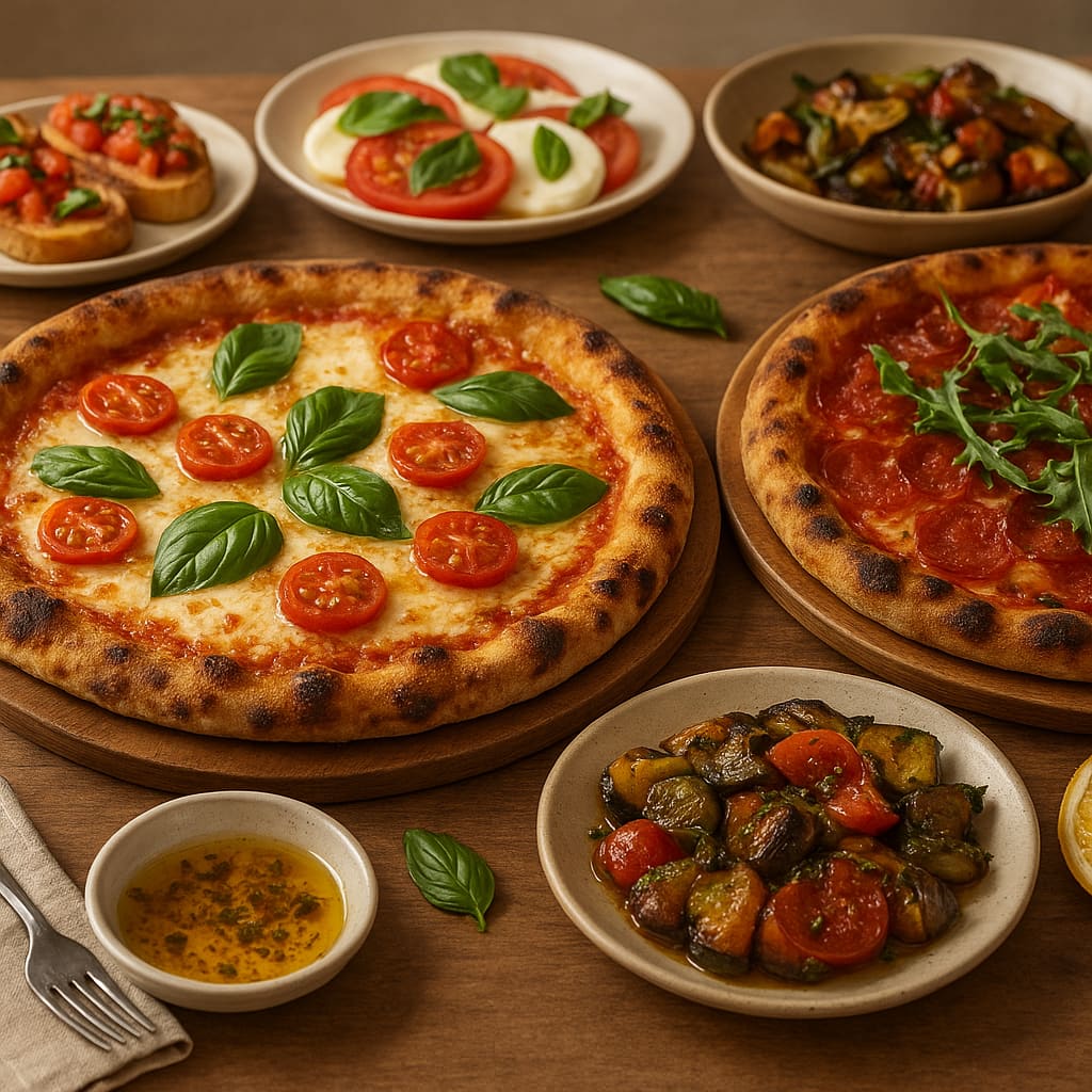 Auswahl an Steinofenpizzen und italienischen Gerichten auf einem Tisch